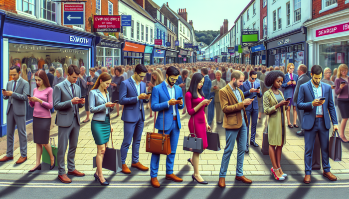 A bustling Exmouth street with diverse professionals using smartphones to browse responsive websites, showing seamless navigation and high engagement.
