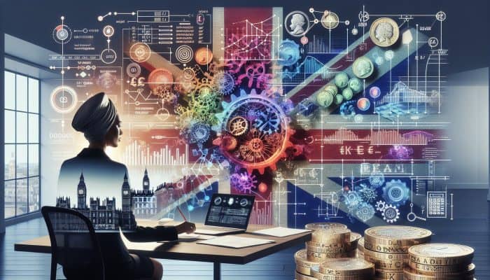 Financial advisor in a modern London office examines debt consolidation diagrams with pound stacks and gears, against Big Ben backdrop.