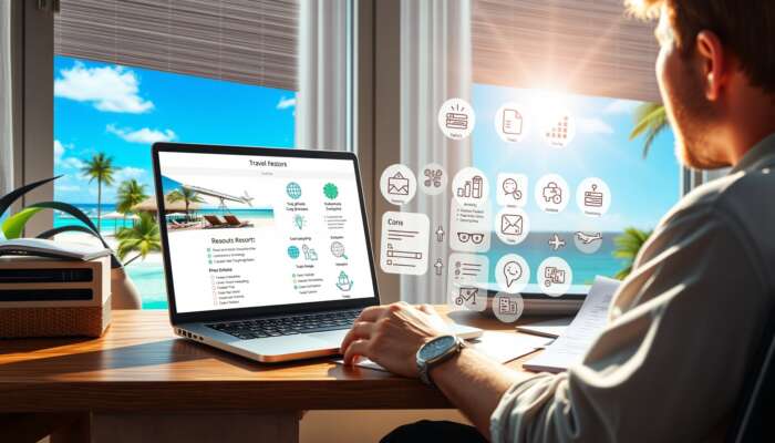 A traveller at a sunlit desk compares resort options on a laptop, showing beaches, amenities, pros/cons lists, and reviews.