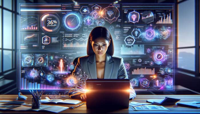 Digital marketer in modern office analyses vibrant dashboard with video PPC metrics and floating holographic icons.