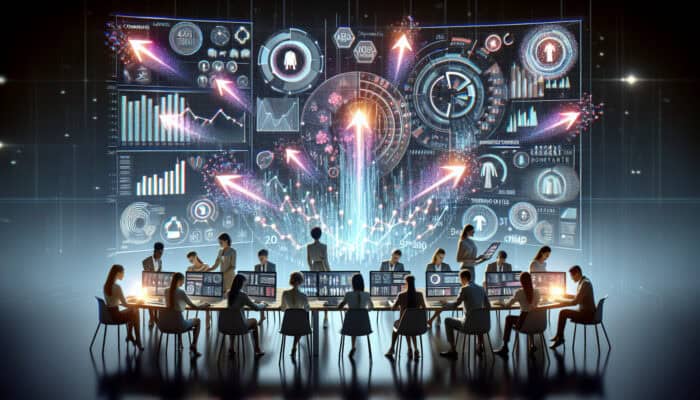 Marketers in a modern command centre analysing holographic screens with real-time data, swiftly adapting a fashion campaign to trending outfits.
