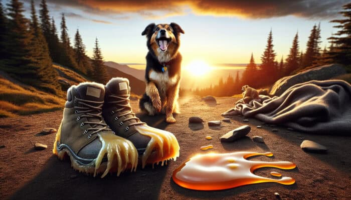 A happy dog on a rugged outdoor trail, paws coated in glossy non-toxic wax, with discarded booties nearby.