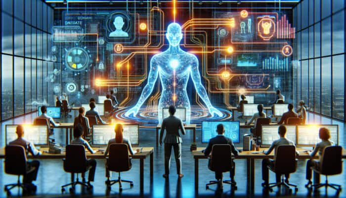 A holographic virtual assistant tangled in glowing data cables in a futuristic office, with frustrated employees troubleshooting errors.