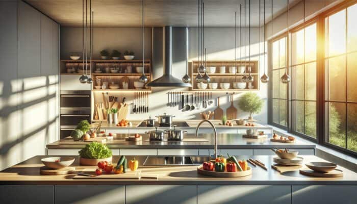 A sunlit modern kitchen with organized zones: prep area with fresh vegetables and knives, cooking area with pots, and plating station with plates.