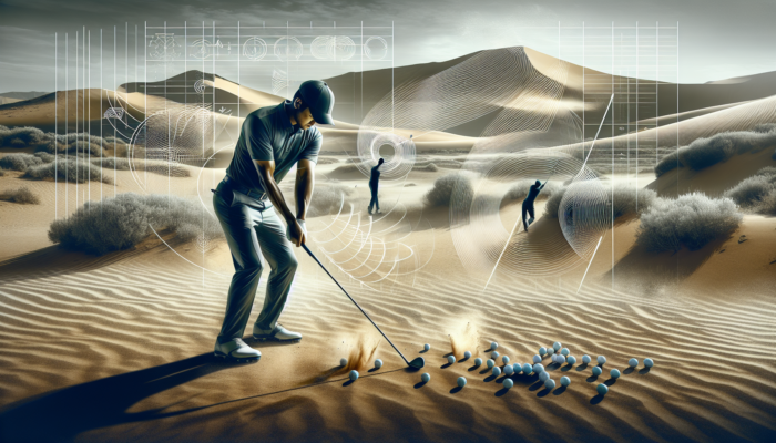 A golfer practices advanced chipping drills on South Africa's rugged highveld, surrounded by Pilanesberg dunes, targeting multiple distances in windy conditions.