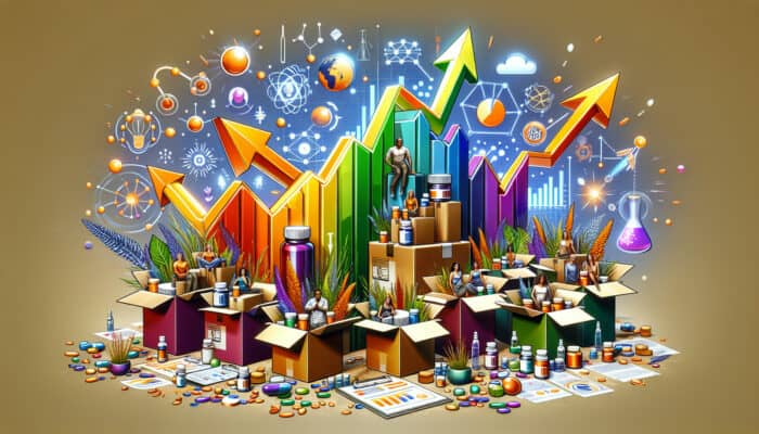 Colorful subscription boxes overflowing with health supplements, surrounded by upward-trending graphs, innovative lab equipment, and smiling customers, symbolising market growth.