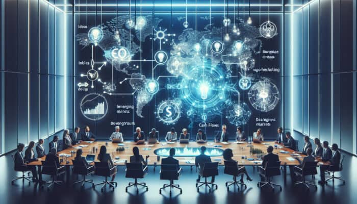 Innovative business leaders brainstorm around a glowing holographic revenue map with lightbulbs, currency icons, and market symbols under blue lights.