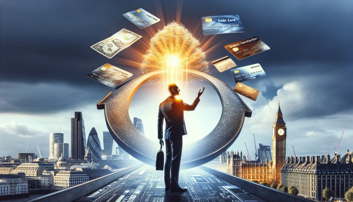 Debt Consolidation or 0% Balance Transfer?: Choose the Best Option | DCL A relieved Londoner under Big Ben watches credit cards and bills merge into a glowing loan document, symbolising simplified debt consolidation.