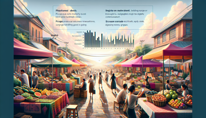 Bustling local market with WooCommerce stalls displaying handmade goods on screens, customers browsing apps, rising sales graphs under sunny skies.