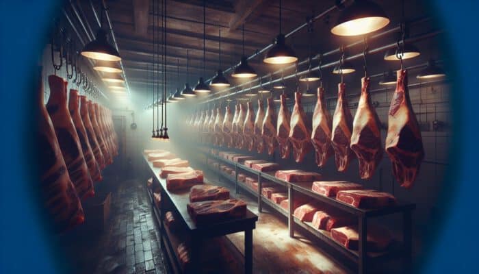 Dimly lit butcher shop aging room with prime beef cuts hanging on hooks, showing subtle mold and condensation.