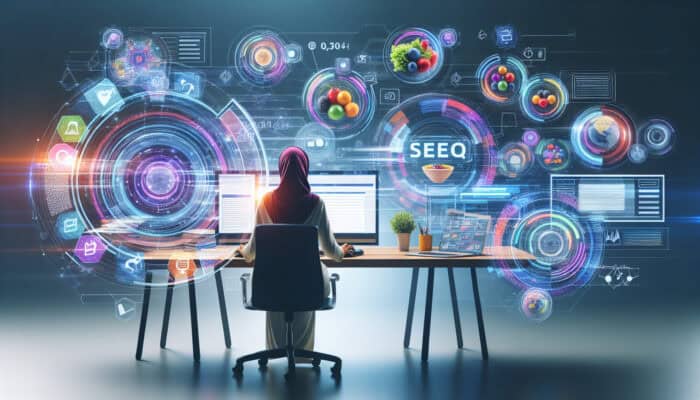 A focused analyst at a modern desk, surrounded by floating holographic keywords, reviewing SEO graphs on multiple screens.
