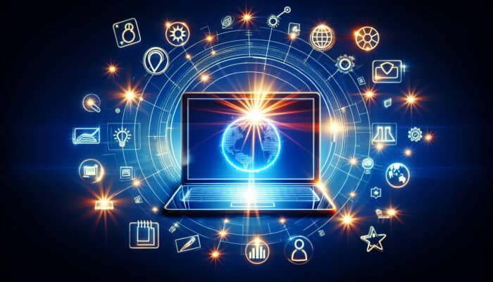 A futuristic digital workspace with a laptop displaying search results for "comfortable running shoes for flat feet," surrounded by floating SEO keywords such as "eco-friendly summer dresses."