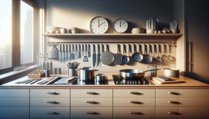 A well-organised modern kitchen counter with sharp knives, sturdy pans, and measuring cups, lit by soft morning light.