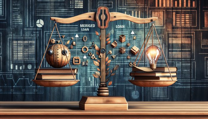 A balanced scale compares a debt advisor with books and light bulbs to loan documents and a payment envelope on a desk with charts.