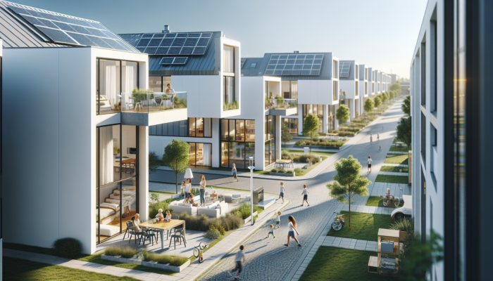 Modern townhouses in Postmasburg with open-plan interiors, solar panels, green parks, families playing, and nearby schools under a blue sky.