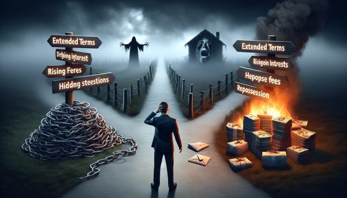 A worried individual at a foggy crossroads, paths showing chains for debt terms, fiery interest coins, fee envelopes, and a shadowed home, with a guiding counselor.
