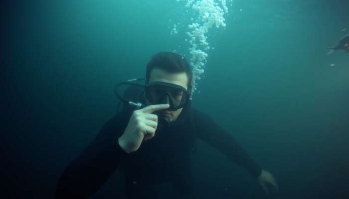 Scuba diver in murky waters, appearing disoriented while pinching nose to equalize pressure, surrounded by particles and faint marine life.