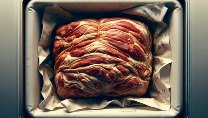 Close-up of succulent aged pork shoulder wrapped in butcher paper in a 1°C fridge, with vacuum-sealed meat nearby for tender pulled pork.