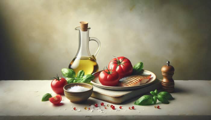 Still-life of a minimalist plate with ripe tomatoes, basil, olive oil, sea salt, and grilled fish, highlighting natural colors and textures in soft light.