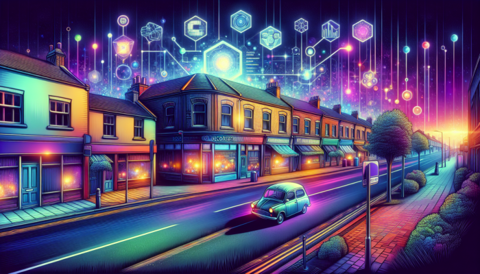 SEO for Small Business in Gloucester: A bustling Gloucester street with small business shops and floating digital SEO elements like glowing algorithms, local maps, and ranking graphs, symbolising enhanced visibility and targeted traffic.