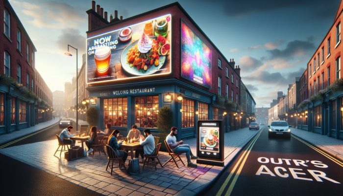 Sherborne street scene: cosy restaurant with digital billboard for new menu, customers checking emails on phones, and vibrant print posters.