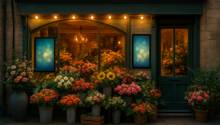 Lively florist shop in Cirencester showcasing seasonal flower arrangements and digital customer testimonials.