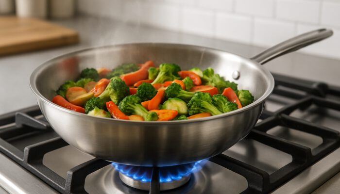Gleaming stainless steel pan sizzling vibrant vegetables on a gas stove in a modern kitchen.