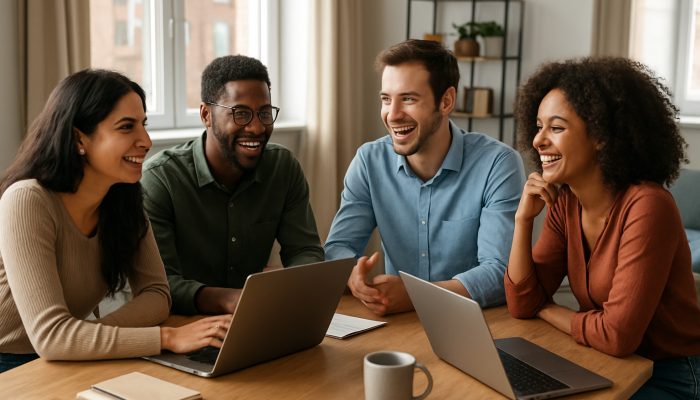 Diverse young professionals in London flat, reviewing expenses on laptops during a cooperative meeting.