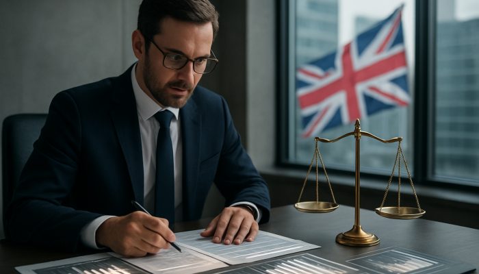 Accountant reviewing balance sheets in modern London office, with golden scale and Union Jack symbolizing precision and compliance.
