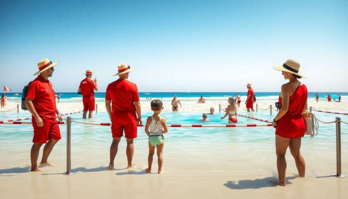 Beach scene featuring lifeguards in red uniforms overseeing swimmers in designated areas, families wearing hats and sunglasses under a bright sun.