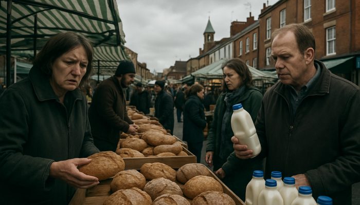 Food Costs vs Card Payments Trade Offs: Balancing Your Budget | DCL Worried shoppers examine overpriced bread and milk at a bustling UK street market under gray skies.