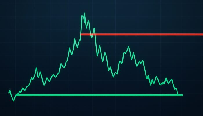 Bitcoin chart depicting green support line and red resistance in cryptocurrency trading.