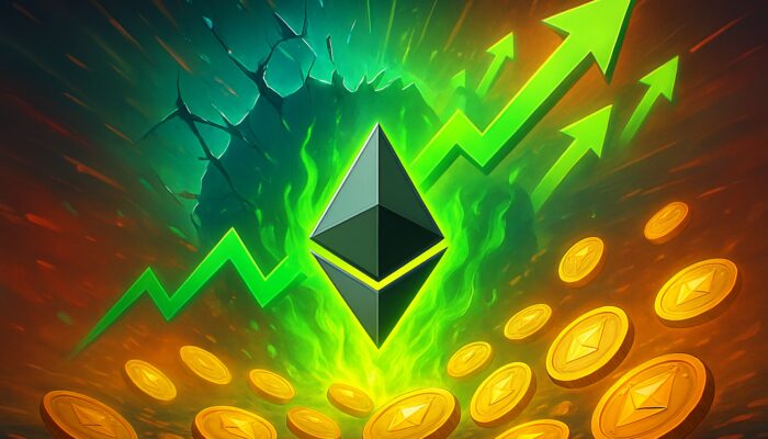 Ethereum price chart showing upward breakout through shattered barrier with green flames and bullish arrows.
