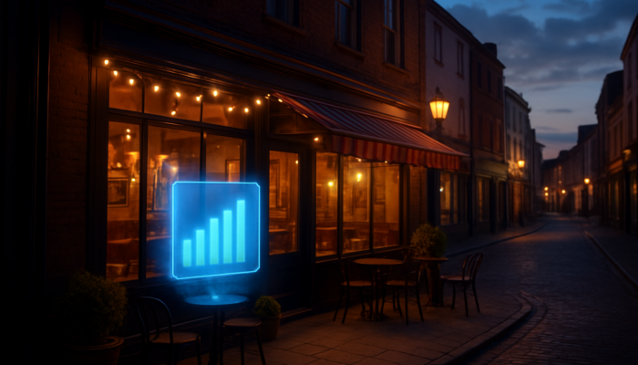 Charming café on Bridgwater high street at twilight, illuminated with string lights and a holographic screen displaying top Google rankings for best coffee.