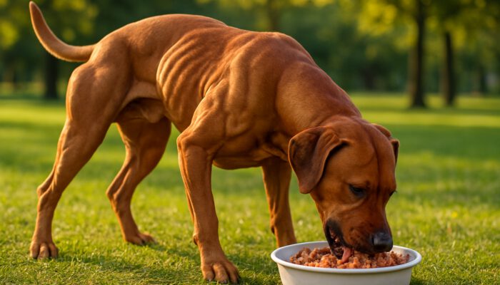 Muscular dog enjoying a high-protein meal in a sunlit park after exercise.