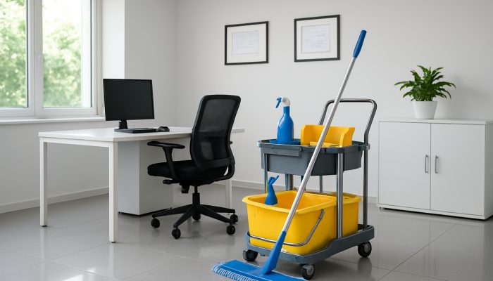 A pristine Ilchester office showcasing gleaming surfaces and certificates from the British Institute of Cleaning Science.