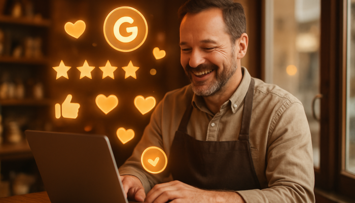 Warminster shop owner beams at glowing five-star Google reviews on laptop surrounded by floating icons in warm light.