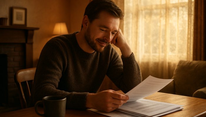 Reflecting on Your Debt Consolidation: Valuable UK Insights | DCL Person reviewing merged debt papers in cozy British living room, showing quiet relief and clarity.