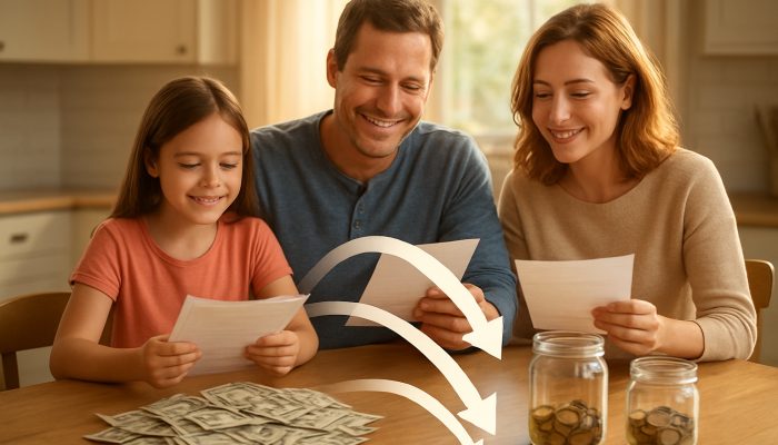 Reflecting on Your Debt Consolidation: Valuable UK Insights | DCL Family consolidating bills into one payment at sunlit kitchen table with savings jars