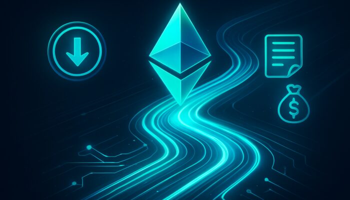 Visualisation in neon blue-green colours illustrating declining Ethereum gas fees through optimised glowing blockchain pathways.