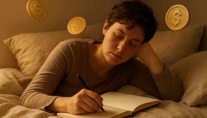 Fatigued individual resting in bed while drafting a gentle debt repayment plan in a journal with warm golden light