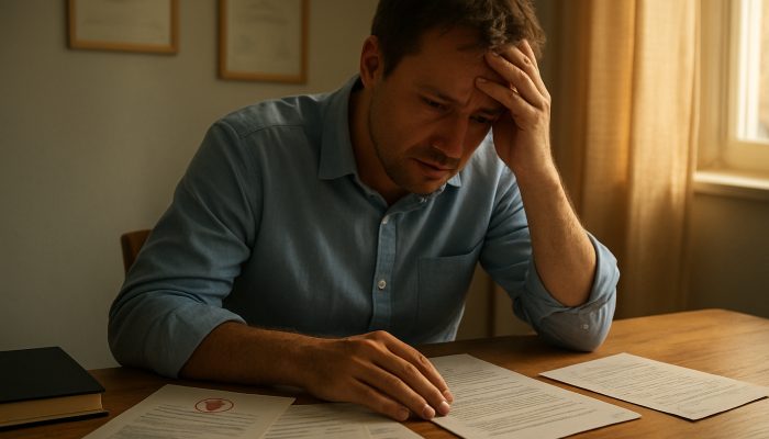 Anxious individual at a sunlit desk with medical certificates, bills, and a letter requesting creditor relief