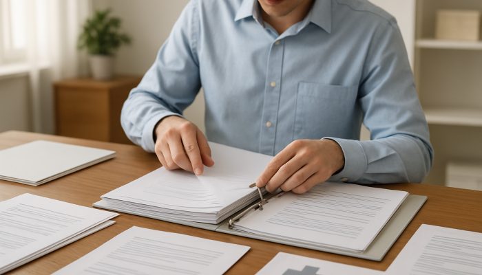 Discussing health issues with lenders: Crucial Guidance | DCL Individual arranging medical records chronologically into summary binder on wooden desk