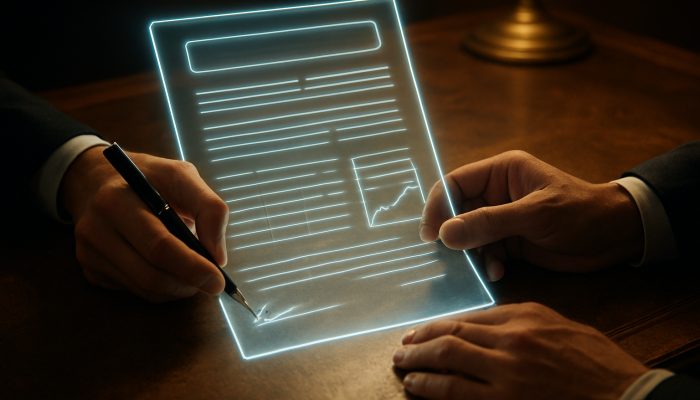 Hands signing glowing transparent contract on antique desk with floating interest rates, symbolising UK debt transparency laws.