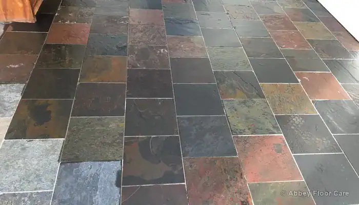Newly sealed slate floor with richer colour and clearer natural texture