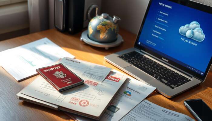 A cluttered desk featuring an open passport, visa stamps, insurance papers, and a laptop displaying cloud backups in soft morning light.