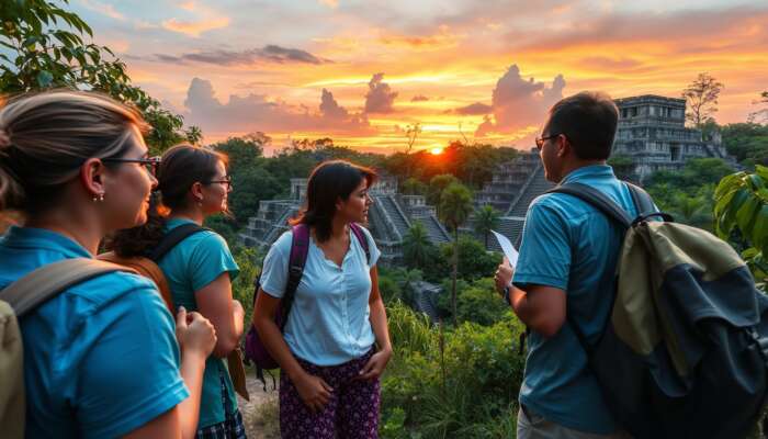 Diverse travellers exploring ancient Mayan ruins in lush Belizean jungles, dressed respectfully, consulting a local guide with secured backpacks under a vibrant sunset.