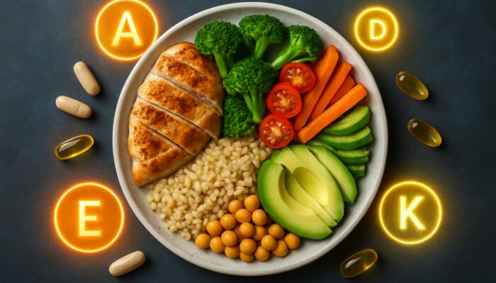 Balanced plate displaying protein, carbohydrate, and fat sections next to supplement capsules and vitamin icons