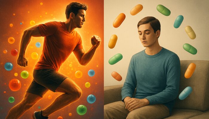 Illustration contrasting an energetic athlete with antioxidant multivitamins alongside a calm sedentary figure with nutrient capsules.