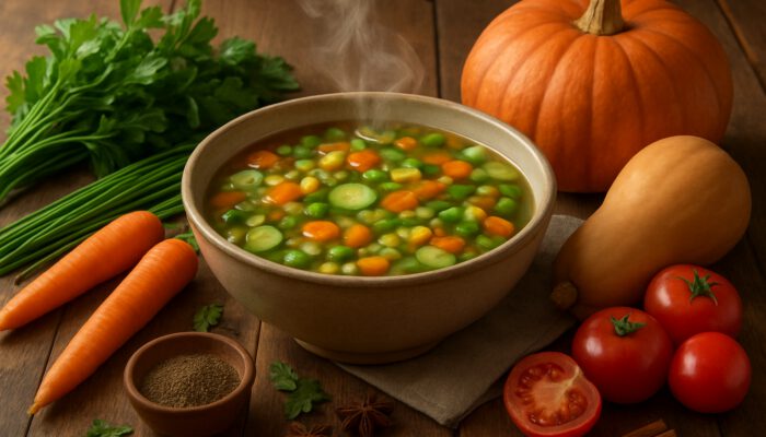 A steaming bowl of colourful homemade soup featuring seasonal ingredients on a rustic table.
